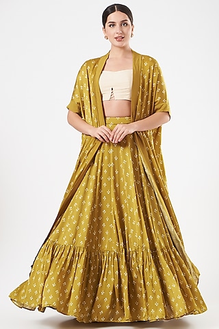 Mustard Floral Printed Skirt Set by Esha Koul