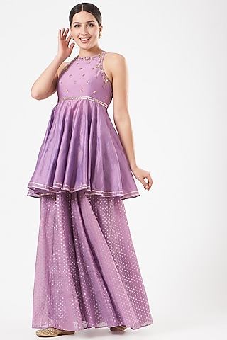 Light Purple Modal Satin Sharara Set by Esha Koul