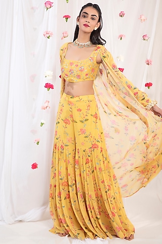 Mustard Georgette Sharara Set by Esha Koul