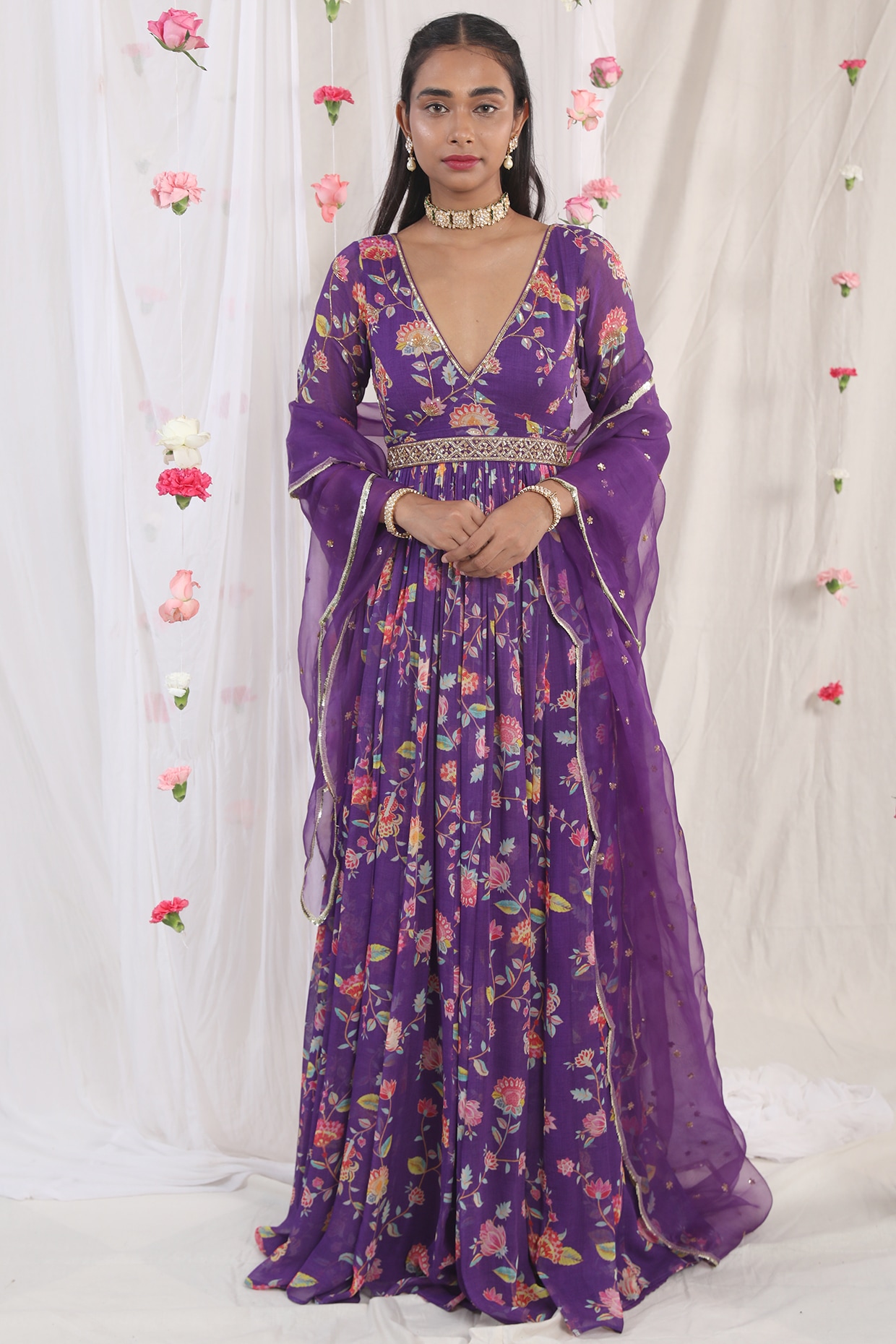 Hand embroidered yoke anarkali set in purple and lemon