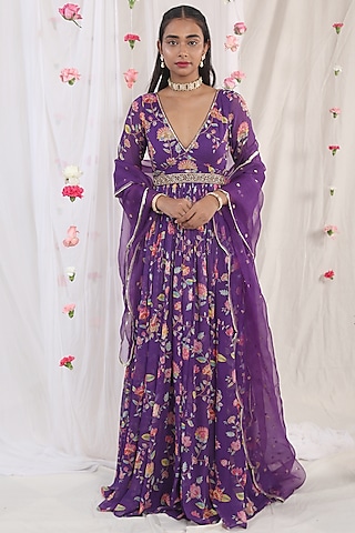 Dark Purple Embroidered & Printed Anarkali Set by Esha Koul