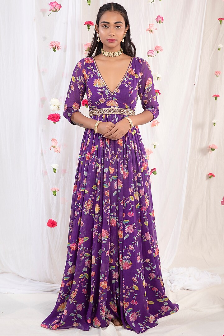 Dark Purple Embroidered & Printed Wedding Anarkali Set by Esha Koul at Pernia's Pop Up Shop