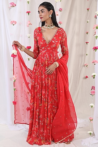 Electric Red Embroidered & Printed Anarkali Set by Esha Koul