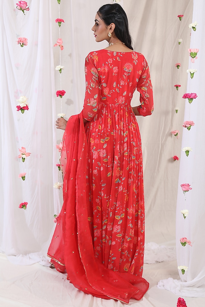 Electric Red Embroidered & Printed Wedding Anarkali Set by Esha Koul at Pernia's Pop Up Shop