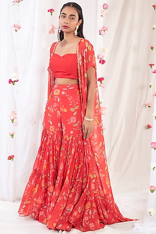 Electric Red Embroidered & Printed Cape Set by Esha Koul