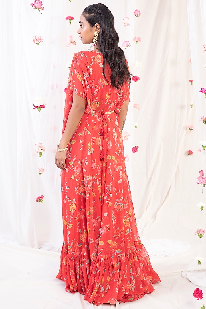 Electric Red Embroidered & Printed Cape Set by Esha Koul at Pernia's Pop Up Shop