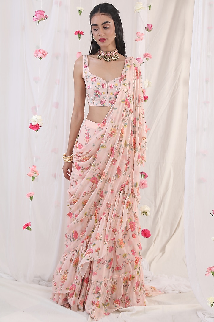Blush Pink Embroidered & Printed Stitched Saree Set by Esha Koul