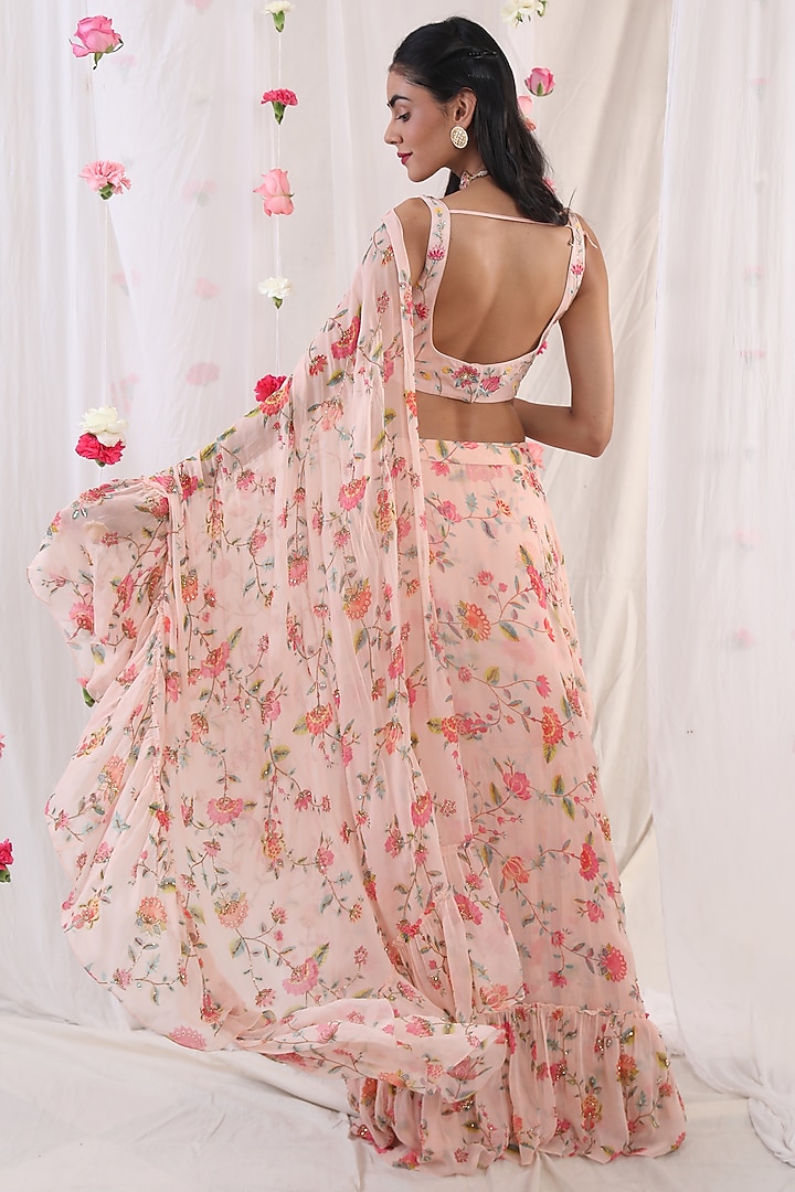 Blush Pink Embroidered & Printed Stitched Wedding Saree Set by Esha Koul at Pernia's Pop Up Shop