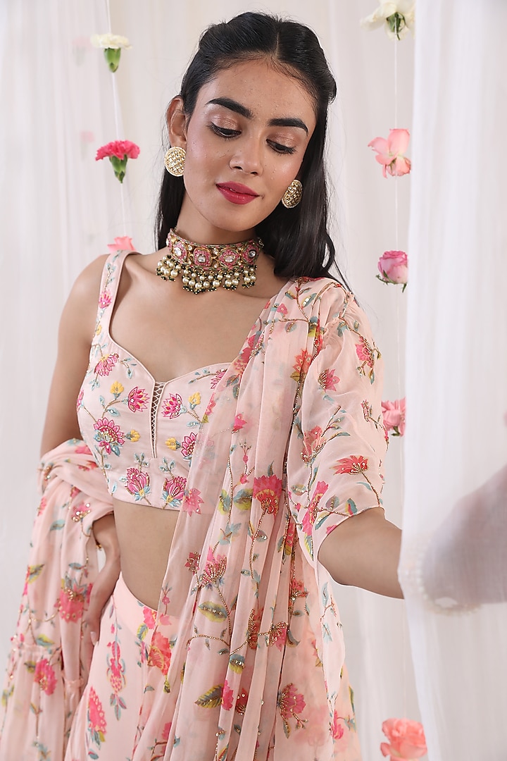 Blush Pink Embroidered & Printed Stitched Wedding Saree Set by Esha Koul at Pernia's Pop Up Shop