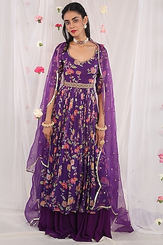 Dark Purple Printed Anarkali Set by Esha Koul