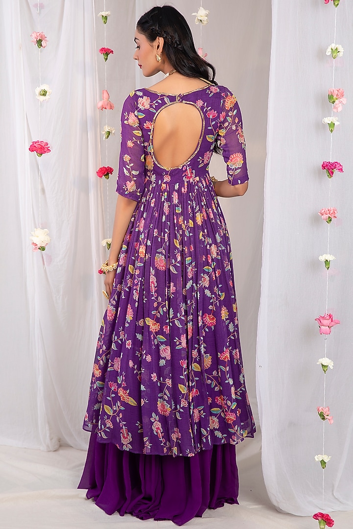Dark Purple Printed Wedding Anarkali Set by Esha Koul at Pernia's Pop Up Shop