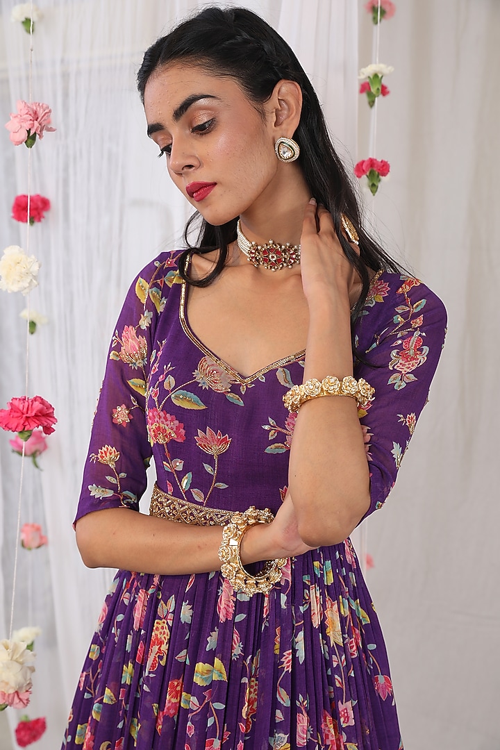 Dark Purple Printed Wedding Anarkali Set by Esha Koul at Pernia's Pop Up Shop