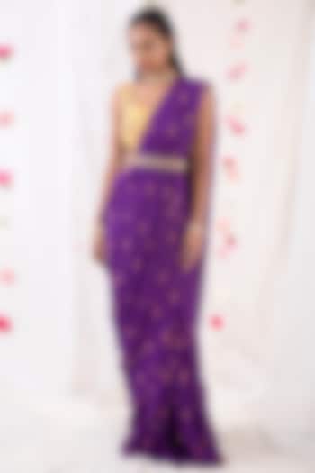Dark Purple Georgette Printed & Sequins Embroidered Pre-Stitched Wedding Saree Set by Esha Koul at Pernia's Pop Up Shop