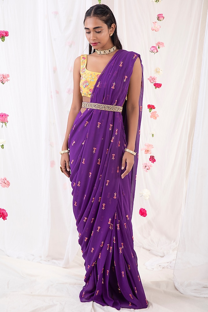 Dark Purple Georgette Printed & Sequins Embroidered Pre-Stitched Wedding Saree Set by Esha Koul at Pernia's Pop Up Shop