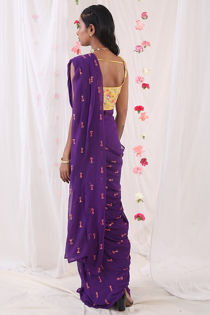 Dark Purple Georgette Printed & Sequins Embroidered Pre-Stitched Wedding Saree Set by Esha Koul at Pernia's Pop Up Shop