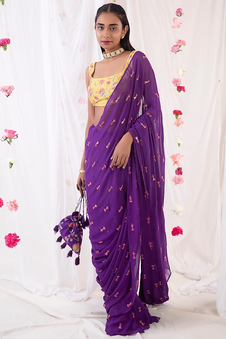 Dark Purple Georgette Printed & Sequins Embroidered Pre-Stitched Wedding Saree Set by Esha Koul at Pernia's Pop Up Shop