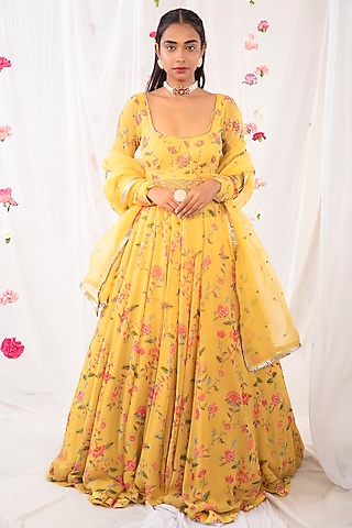 Mustard Embroidered & Printed Anarkali Set by Esha Koul
