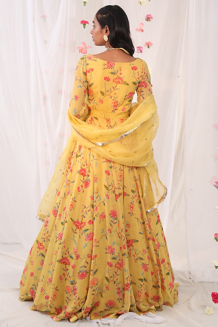 Mustard Embroidered & Printed Wedding Anarkali Set by Esha Koul at Pernia's Pop Up Shop