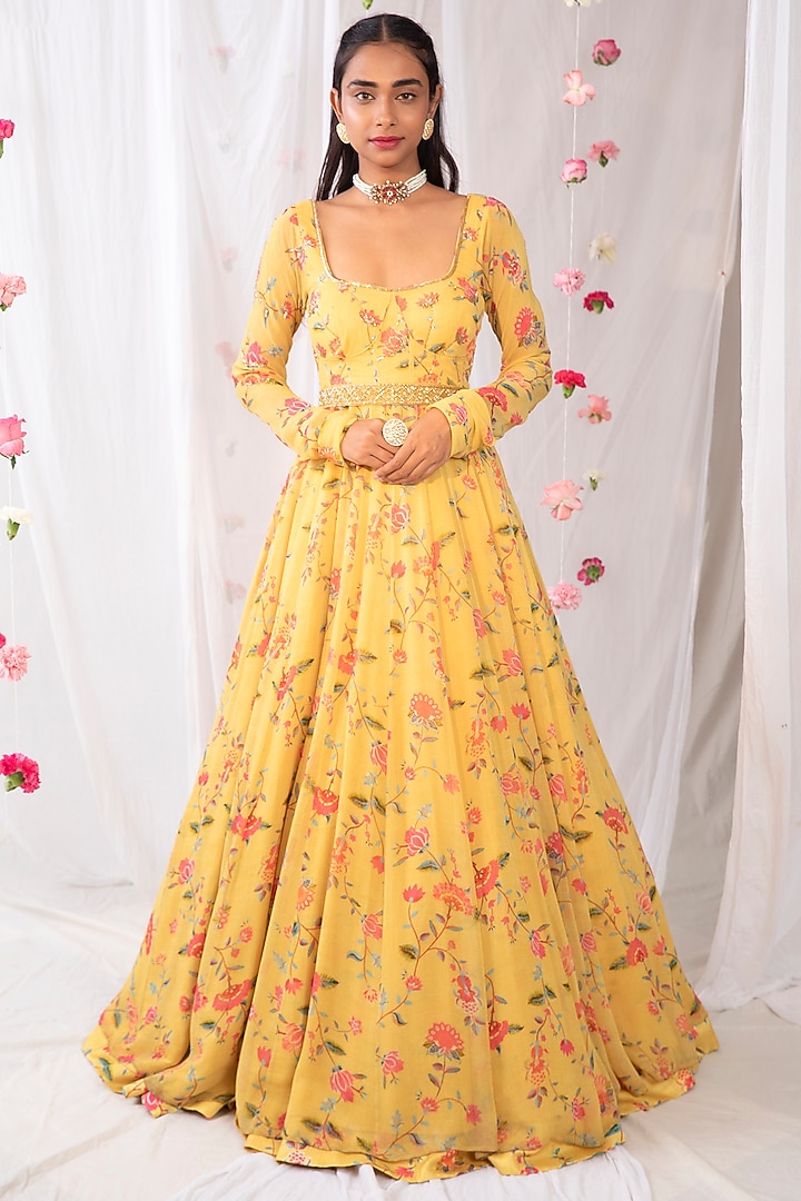 Mustard Embroidered & Printed Wedding Anarkali Set by Esha Koul at Pernia's Pop Up Shop