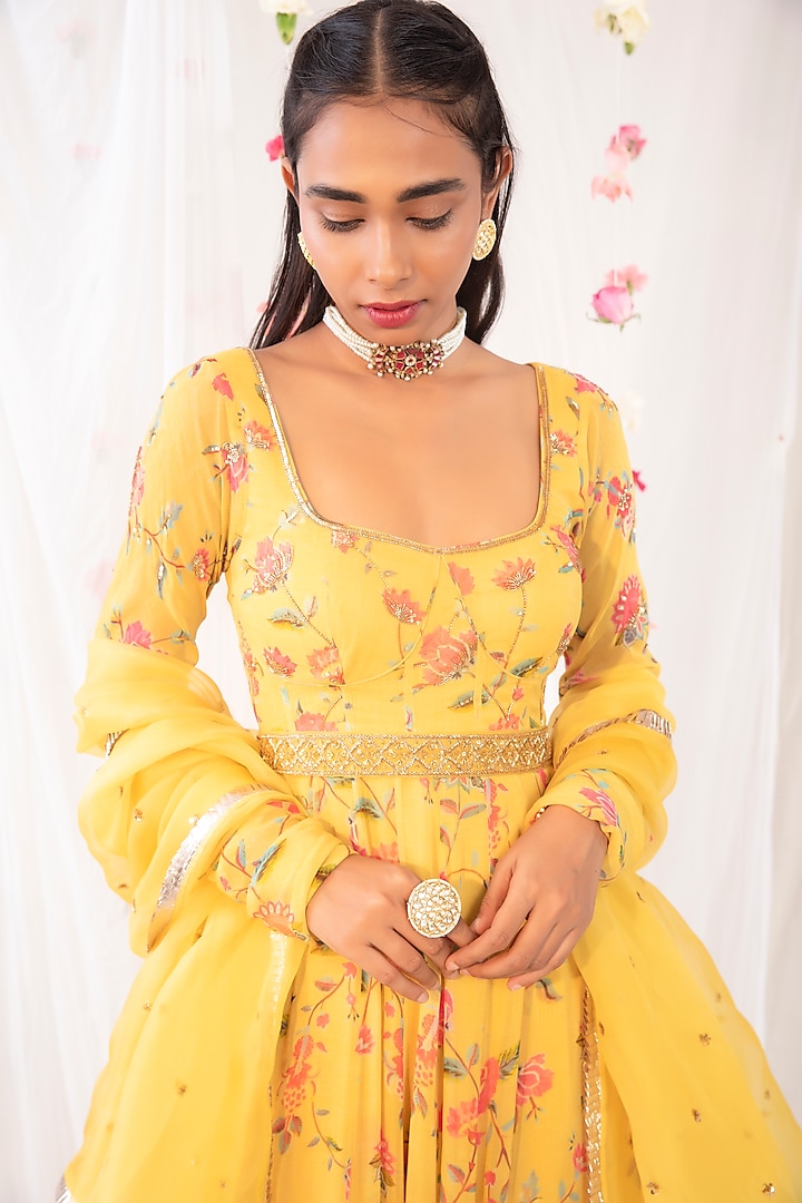 Mustard Embroidered & Printed Wedding Anarkali Set by Esha Koul at Pernia's Pop Up Shop
