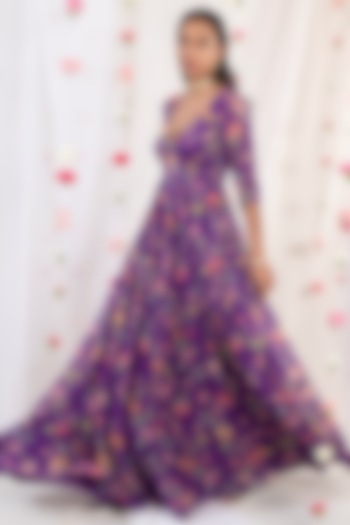 Dark Purple Printed & Embroidered Wedding Anarkali Set by Esha Koul at Pernia's Pop Up Shop