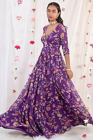 Dark Purple Printed & Embroidered Anarkali Set by Esha Koul