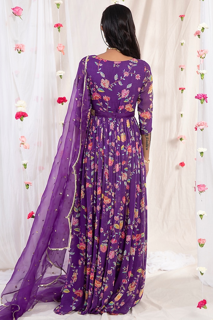 Dark Purple Printed & Embroidered Wedding Anarkali Set by Esha Koul at Pernia's Pop Up Shop