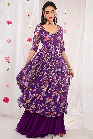 Dark Purple Embroidered Anarkali Set by Esha Koul