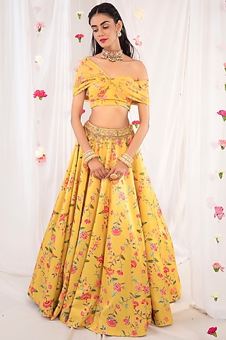 Mustard Embroidered & Printed Lehenga Set by Esha Koul