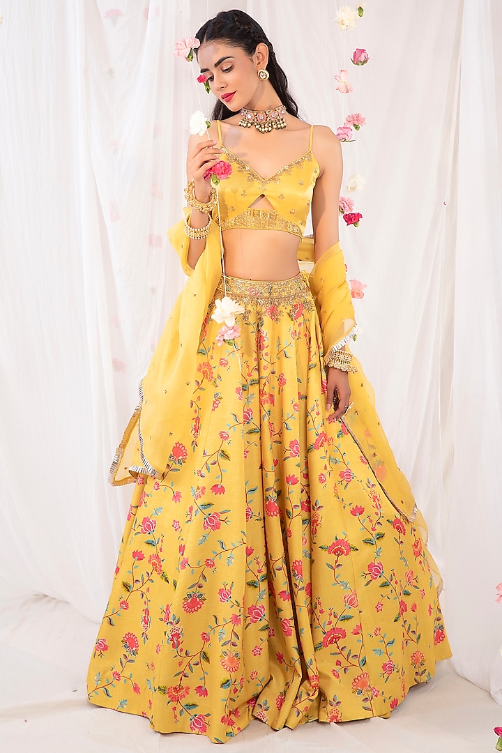 Mustard Printed & Embellished Lehenga Set by Esha Koul