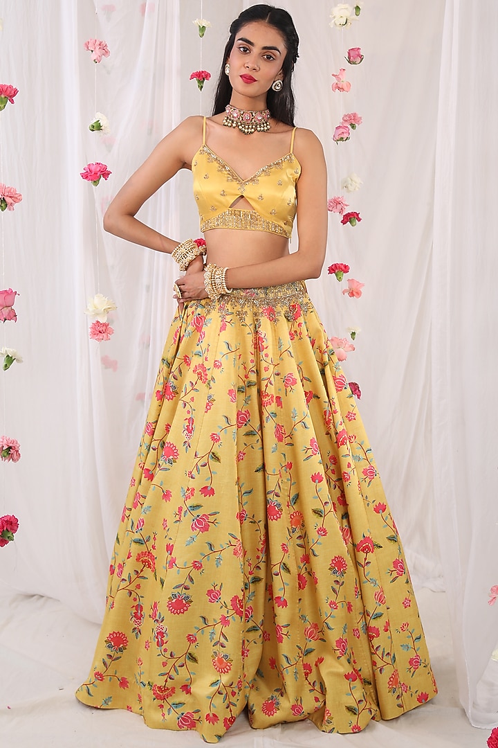 Mustard Printed & Embellished Wedding Lehenga Set by Esha Koul at Pernia's Pop Up Shop