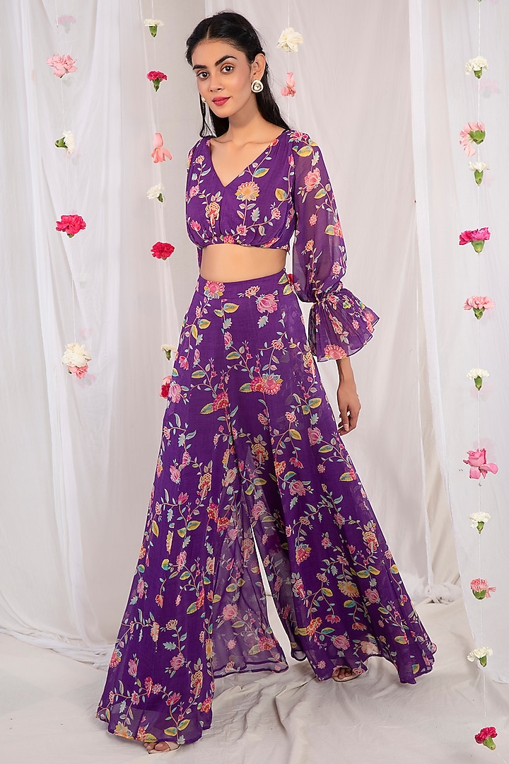 Purple Georgette Printed Pant Set by Esha Koul at Pernia's Pop Up Shop