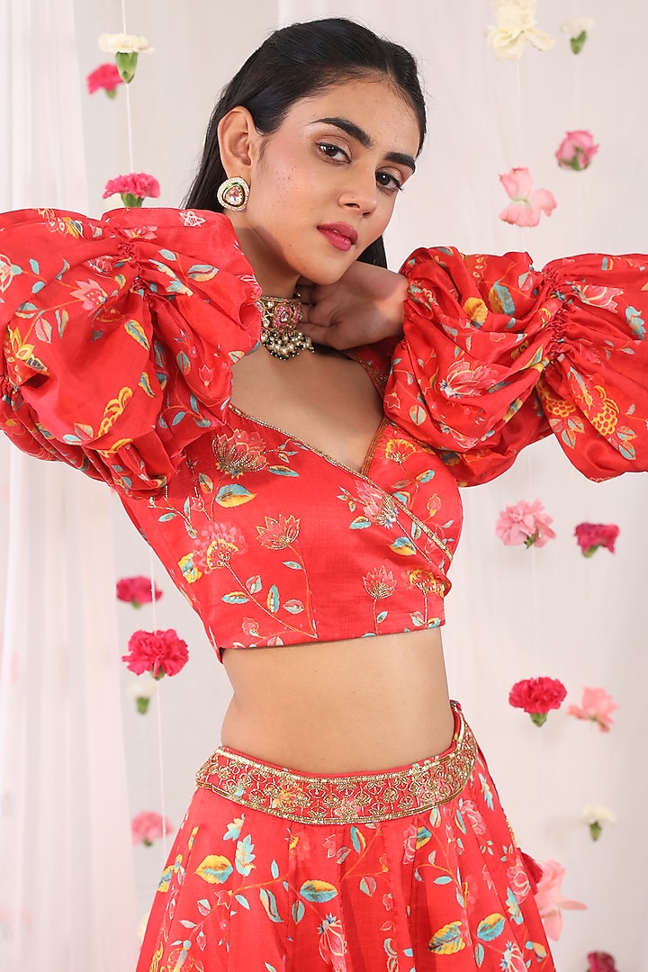 Red Printed & Embellished Wedding Lehenga Set by Esha Koul at Pernia's Pop Up Shop