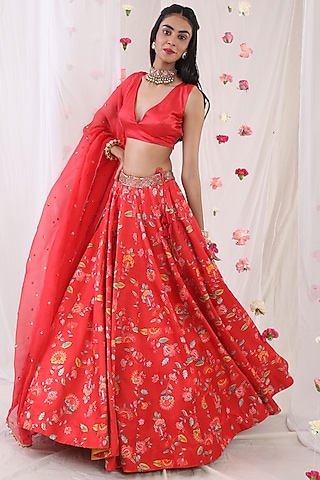 Red Printed Lehenga Set by Esha Koul