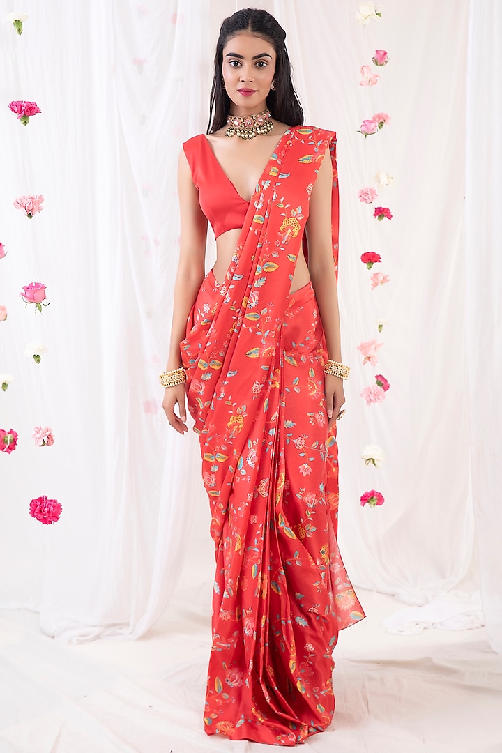 Red Gajji Satin Printed Draped Saree Set by Esha Koul