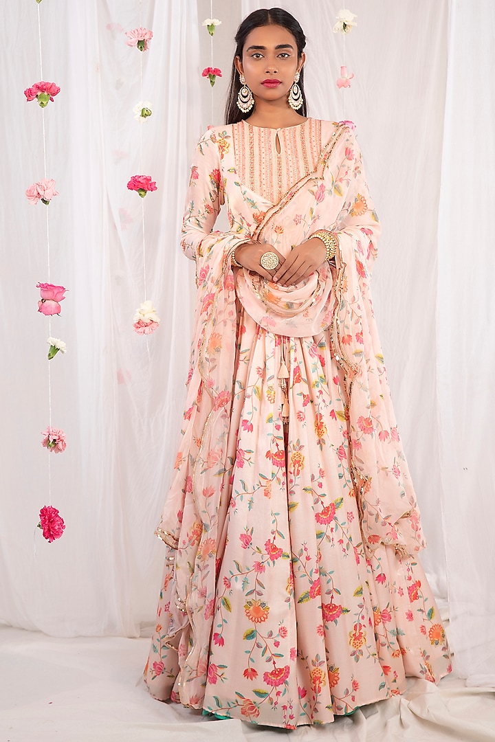 Crystal Pink Embellished Jacket Anarkali Set by Esha Koul
