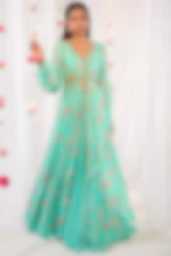 Sea Green Embellished Jacket Anarkali Set by Esha Koul at Pernia's Pop Up Shop