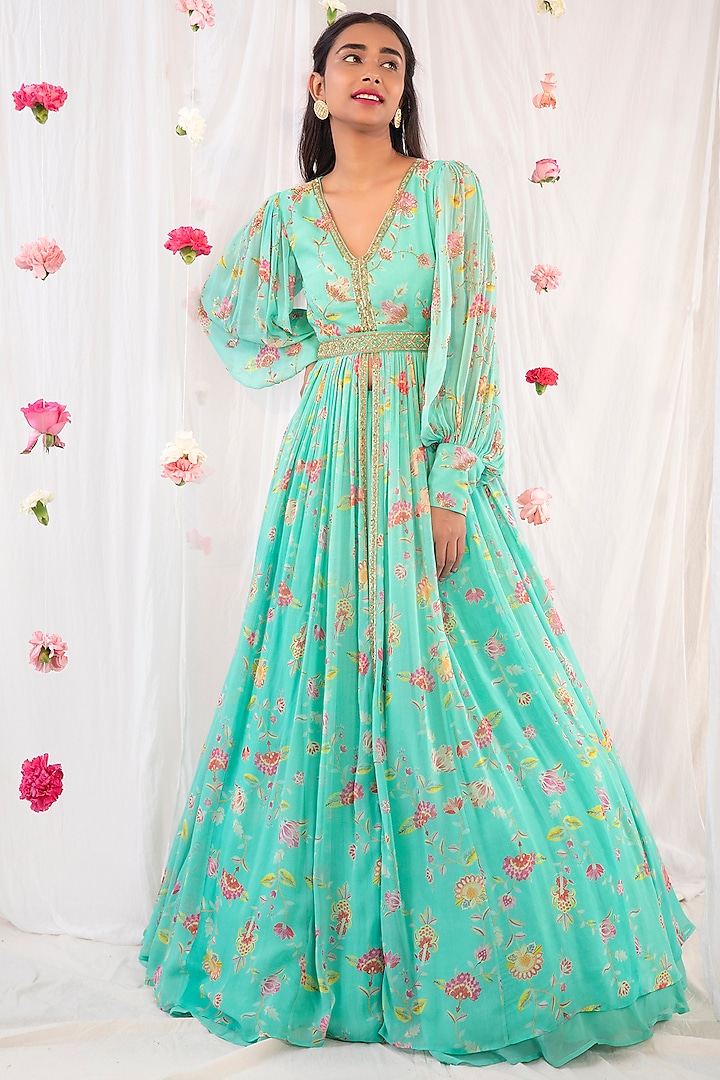 Sea Green Embellished Jacket Wedding Anarkali Set by Esha Koul at Pernia's Pop Up Shop