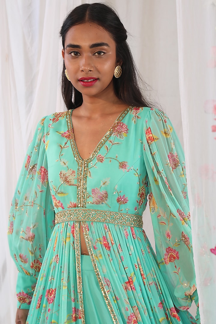 Sea Green Embellished Jacket Wedding Anarkali Set by Esha Koul at Pernia's Pop Up Shop