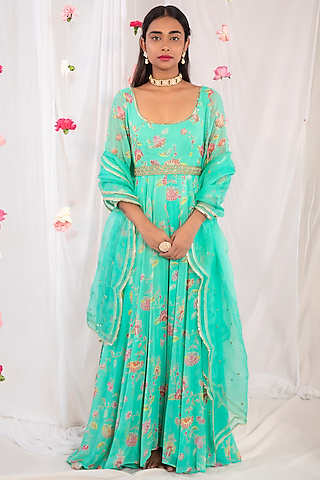 Sea Green Embellished High-Low Anarkali Set by Esha Koul