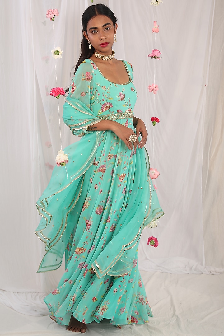 Sea Green Embellished High-Low Wedding Anarkali Set by Esha Koul at Pernia's Pop Up Shop