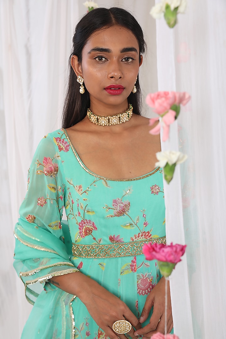 Sea Green Embellished High-Low Wedding Anarkali Set by Esha Koul at Pernia's Pop Up Shop