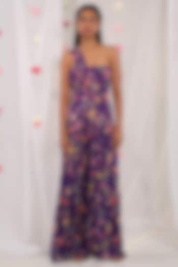 Purple Printed Draped One-Shoulder Jumpsuit by Esha Koul at Pernia's Pop Up Shop