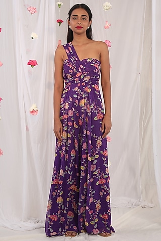 Purple Printed Draped One-Shoulder Jumpsuit by Esha Koul