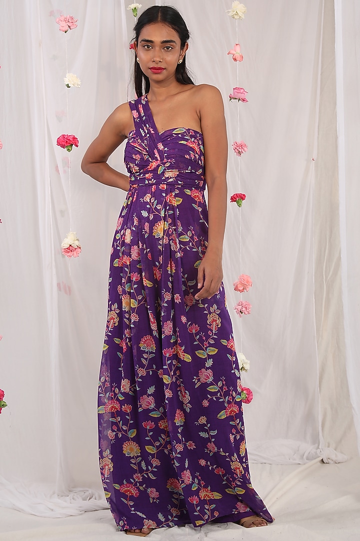Purple Printed Draped One-Shoulder Jumpsuit by Esha Koul at Pernia's Pop Up Shop