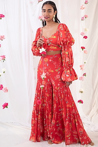 Red Printed Sharara Set by Esha Koul