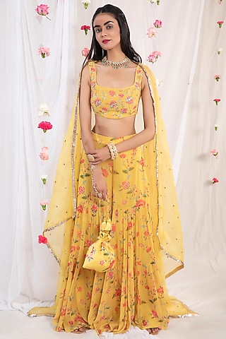 Mustard Printed Sharara Set by Esha Koul