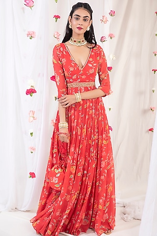 Red Embellished Anarkali Set by Esha Koul