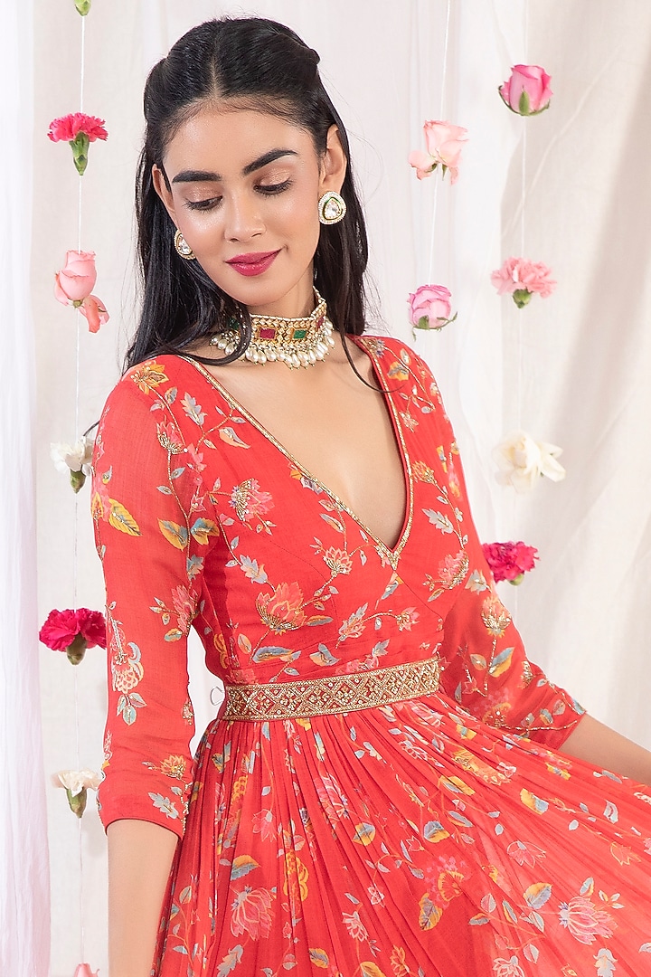 Red Embellished Wedding Anarkali Set by Esha Koul at Pernia's Pop Up Shop
