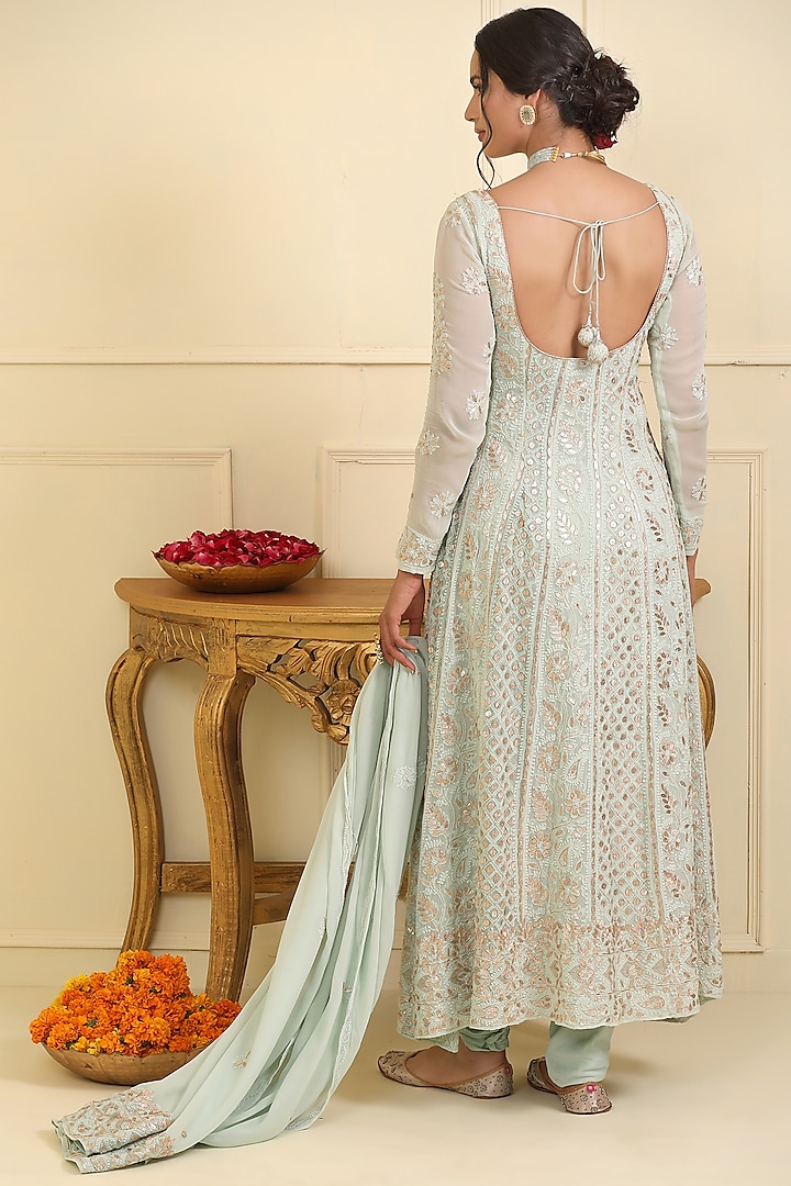 Pakistani Women Designer Diwali Wedding Party Wear White Anarkali Georgette  kurti Pant With Dupatta Dress Set.